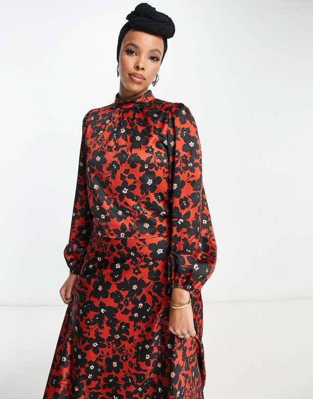 Flounce London balloon sleeve satin blouse in black floral - part of a set