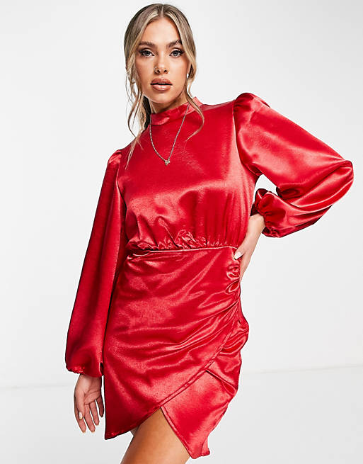 Dresses Flounce London balloon sleeve wrap mini dress in red 