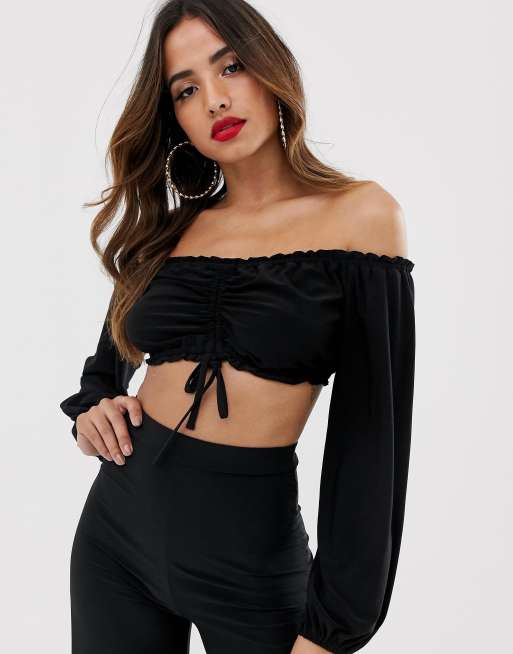 Flounce London bardot crop top with ruched detail in black ASOS