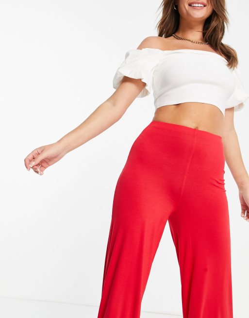 Flounce London - Basic broek met hoge taille en wijde pijpen in rood, 3 van 4