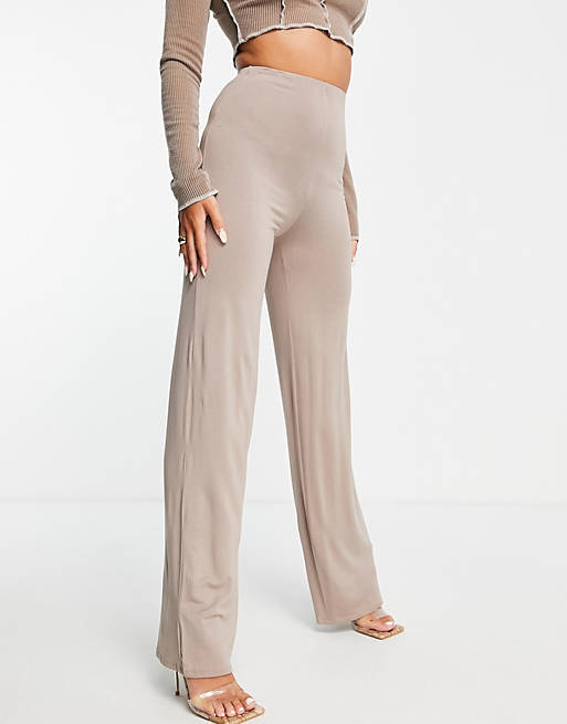Flounce London basic high waisted wide leg trousers in light brown 