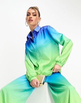 Flounce London button up oversized satin shirt in ombre blue and green co-ord - ASOS Price Checker