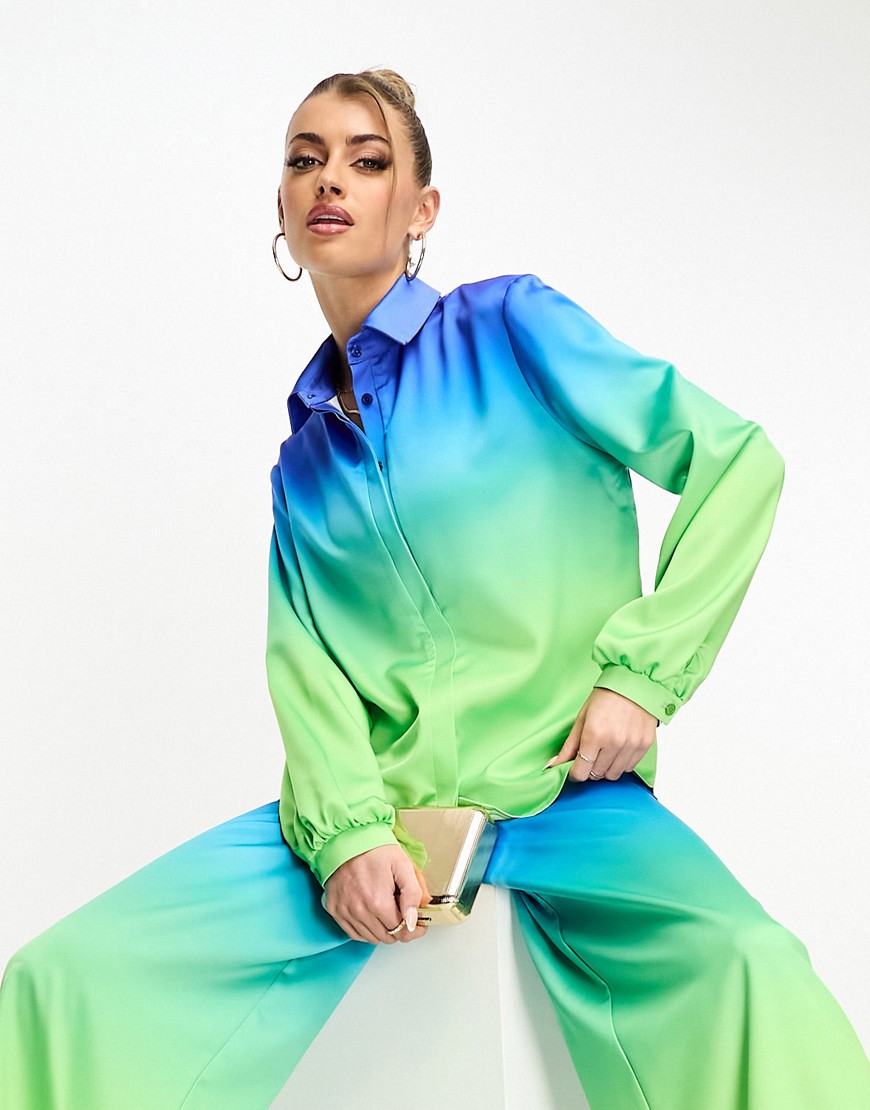 Flounce London button up oversized satin shirt in ombre blue and green co-ord-Multi