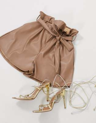 Flounce London Club paperbag waist PU shorts in mink