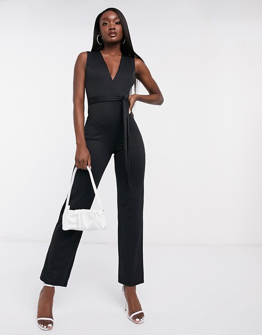 Flounce London Club plunge neck belted jumpsuit in black