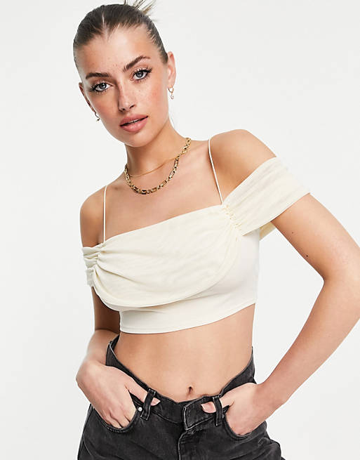 Flounce London cold shoulder ruched crop top in cream