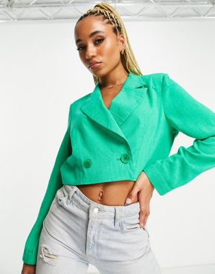 Flounce London satin cropped blazer in bold green co-ord