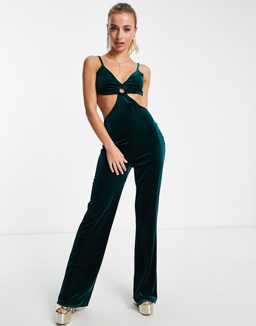 Flounce London Cut Out Flared Jumpsuit In Emerald Velvet-green