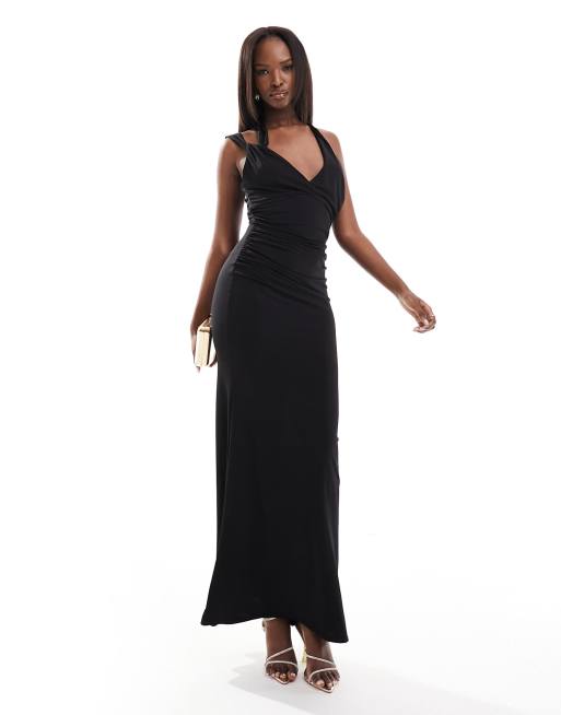 Flounce London – Czarna sukienka maxi z wycięciem z przodu