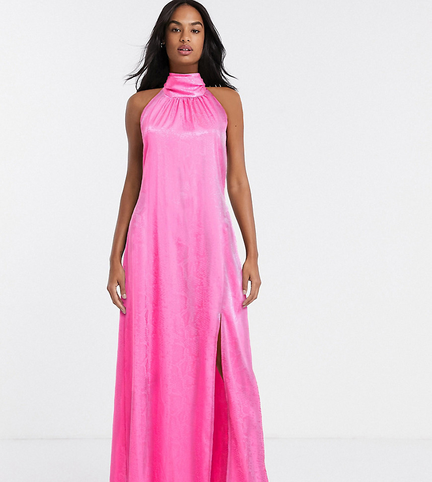 Flounce London exclusive high neck maxi dress with open back in hot pink
