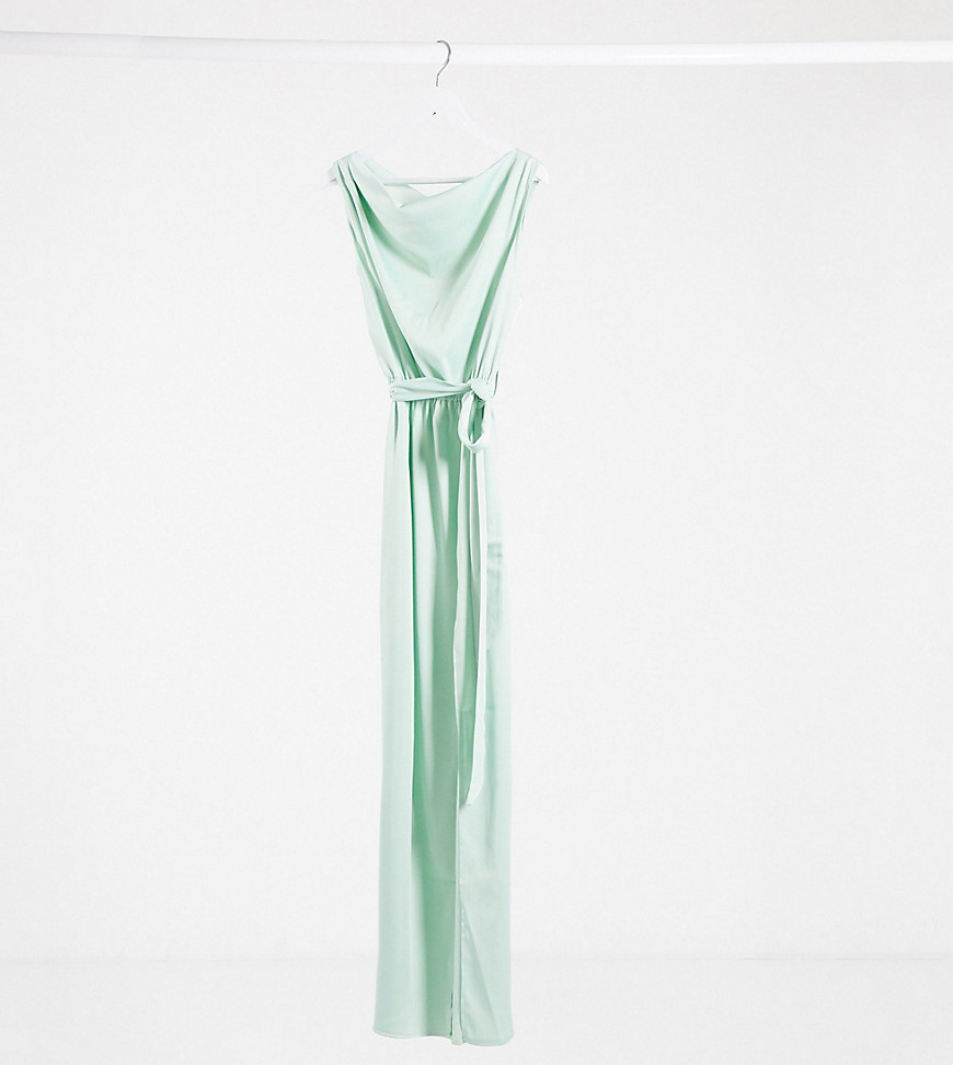 Flounce London - Exclusive - Lange jurk met gedrapeerde schouder van satijn in mintgroen-Marineblauw