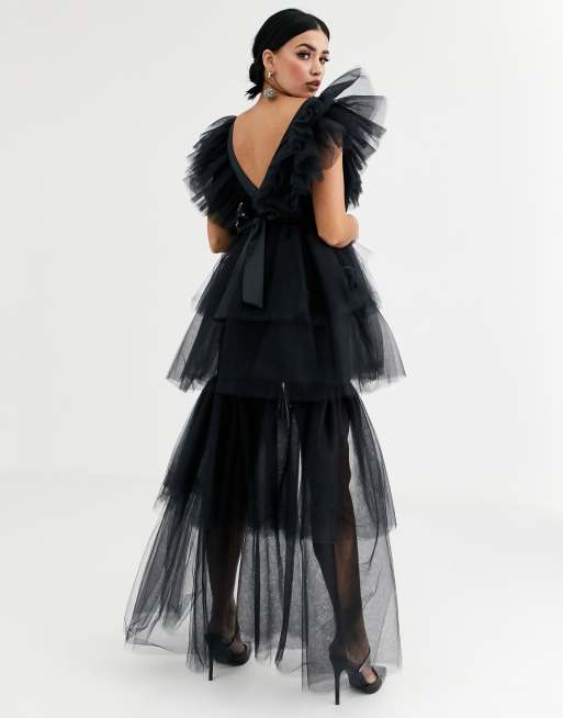 Flounce London extreme frill tulle high low maxi dress in black