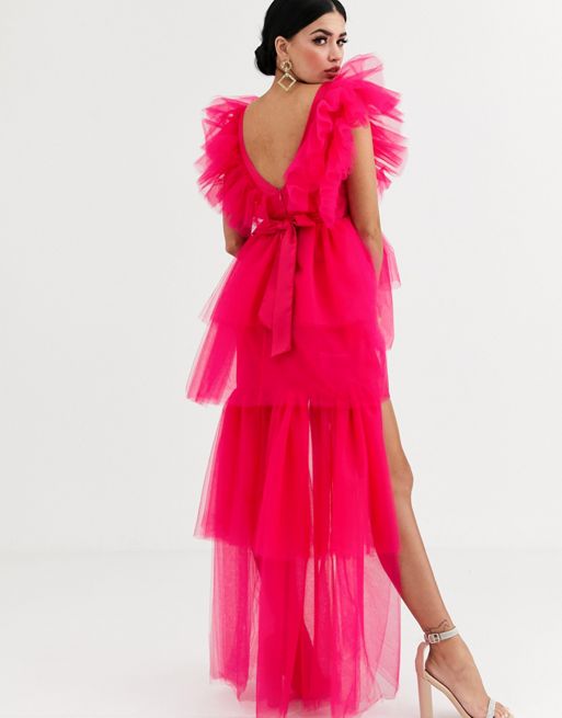 Flounce London extreme frill tulle high low maxi dress in pink, ASOS