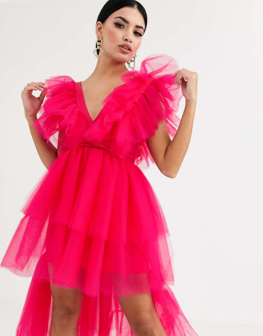 Flounce London extreme frill tulle high low maxi dress in pink