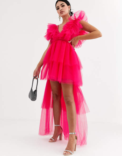 Flounce London extreme frill tulle high low maxi dress in pink