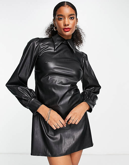 Flounce London faux leather mini dress with collar and puff sleeves in black
