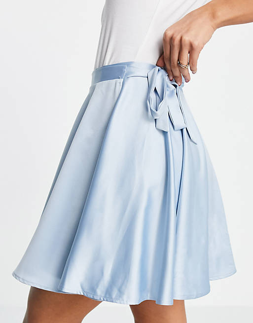 Flounce London flippy wrap satin mini skirt with tie waist in pale blue