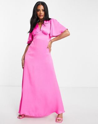 Flounce London satin flutter sleeve maxi dress with plunge front in hot pink