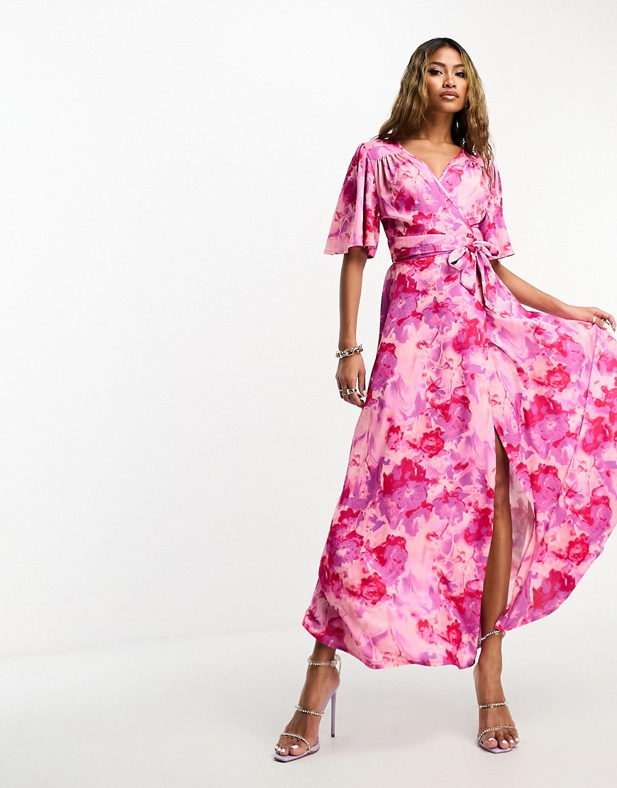 Flounce London Flutter Sleeve Satin Wrap Maxi Dress In Pink Print