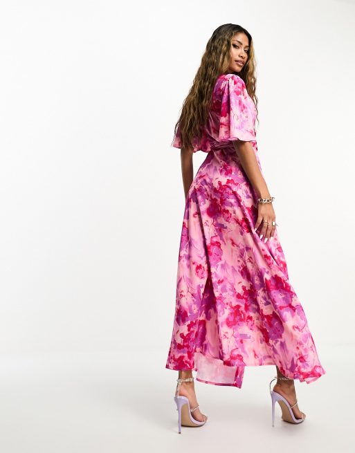 flounce london pink dress Flounce London flutter sleeve satin wrap maxi dress in pink print