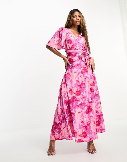 Flounce London Plus + Flutter Sleeve Maxi Dress With Plunge Front