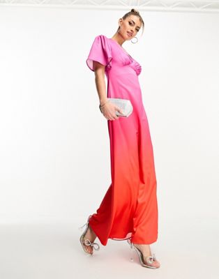 Flounce London flutter sleeve wrap front satin maxi dress in fuchsia pink