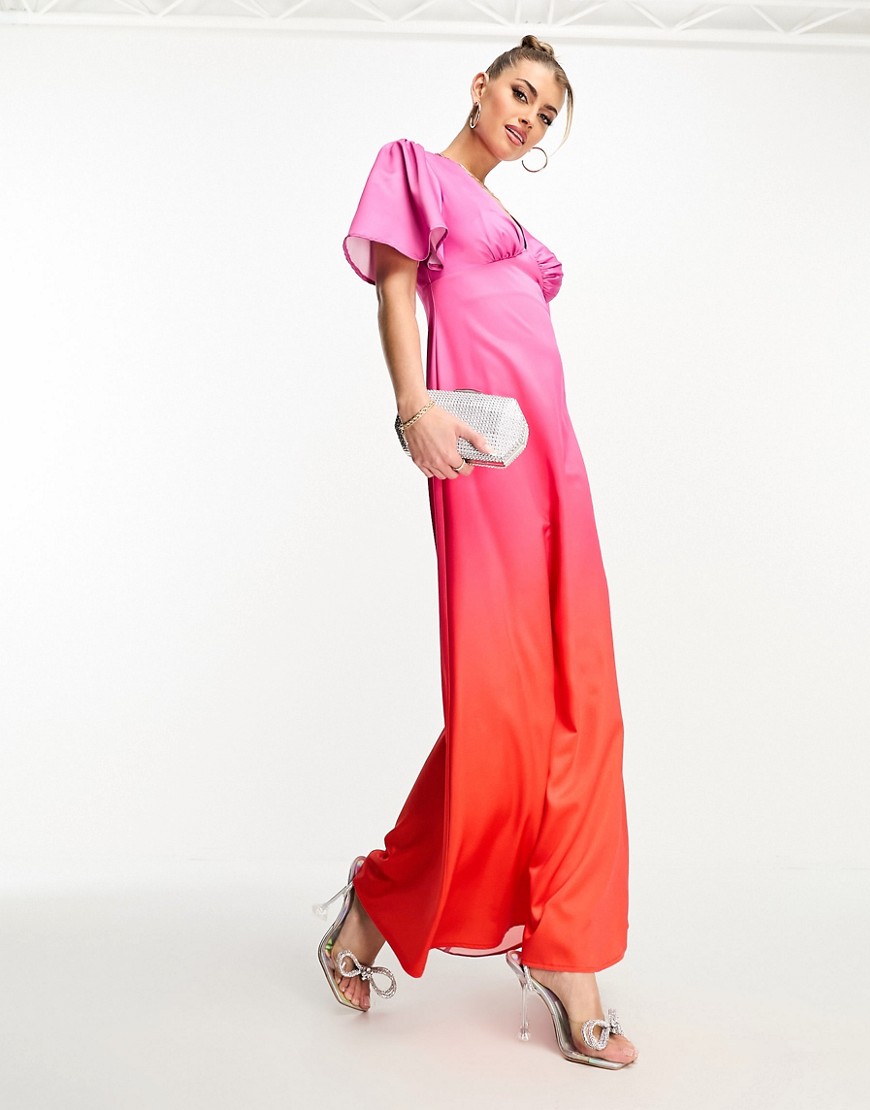 Flounce London Flutter Sleeve Wrap Front Maxi Dress In Ombre Pink And Red-multi