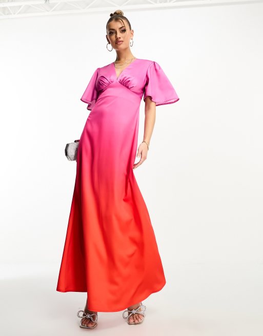 Flounce London flutter sleeve wrap front maxi dress in ombre pink and red