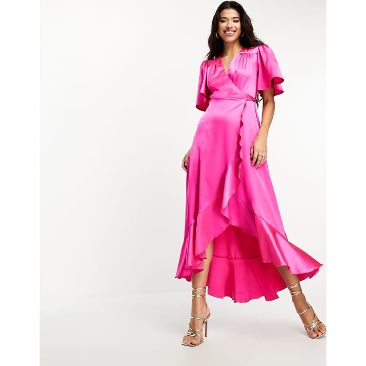 Flounce London Plus + Flutter Sleeve Maxi Dress With Plunge Front In Hot  Pink Satin