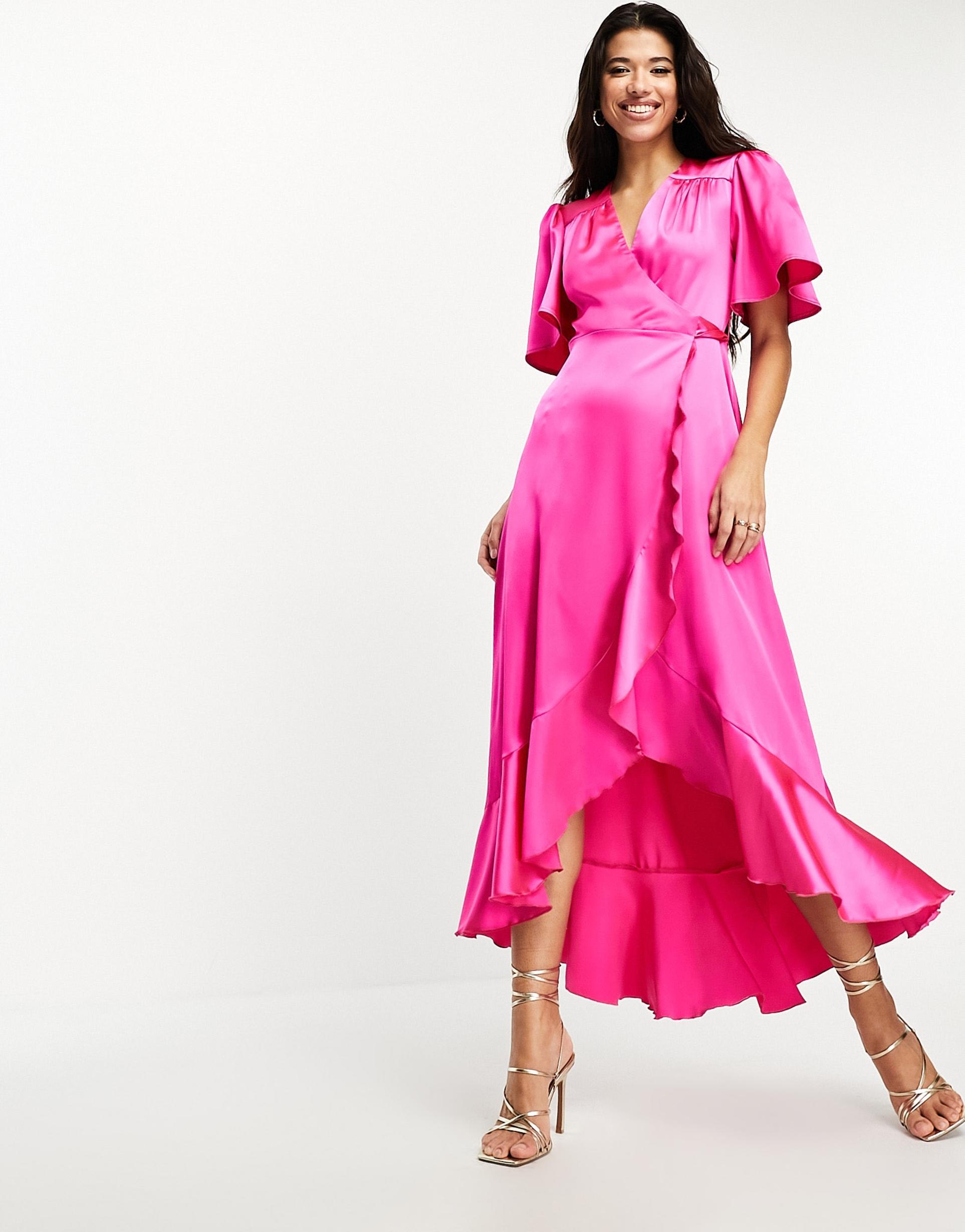 flounce london flutter sleeve wrap front satin maxi dress in fuchsia pink