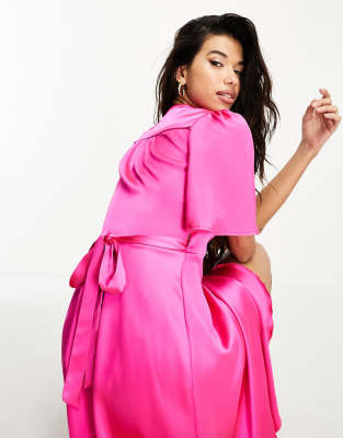 Flounce London Plus wrap front mini dress with flutter sleeves in pink  satin - ShopStyle