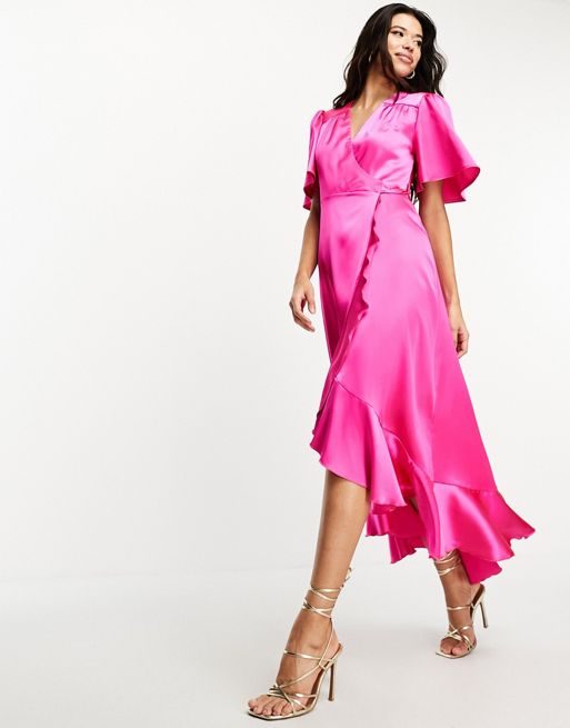 Flounce London flutter sleeve satin wrap maxi dress in pink print
