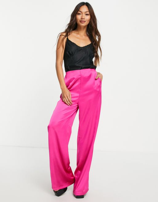 Flounce London – Fuchsiarosa, utsvängda byxor i satin, del av set , 4 av 4