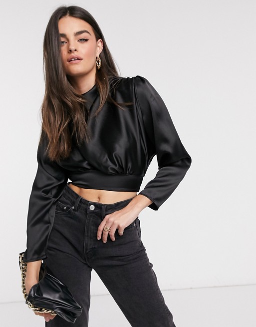 Flounce London gathered satin crop top with shoulder pads and cut-out ...