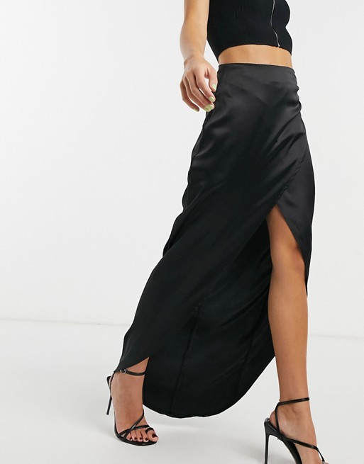 Flounce London gathered satin midaxi skirt with thigh split in black