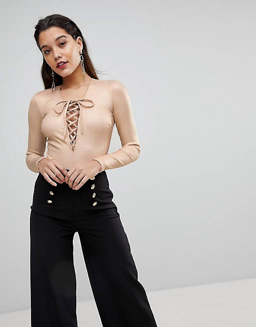 Flounce London Going Out Bandage Bodysuit With Lace Up Front