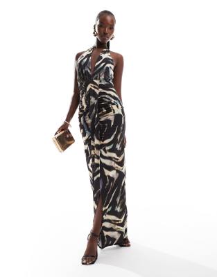 halterneck maxi dress in zebra print-Multi