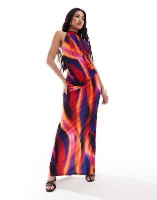 high neck maxi dress in blur print-Multi