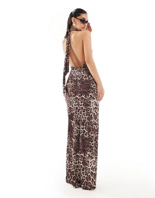 high neck maxi dress in leopard print-Multi