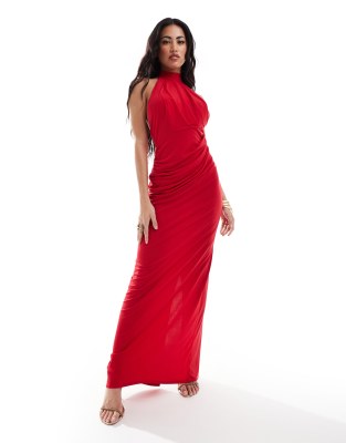 Flounce London High Neck Maxi Dress In Red