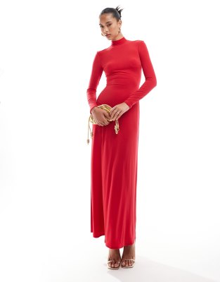 high neck maxi dress with back detail in red