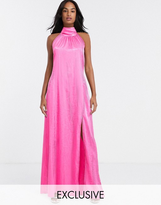 Flounce London exclusive high neck maxi dress with open back in hot pink