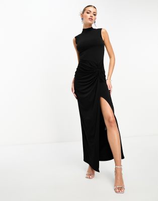 high neck maxi dress with ruched detail in black