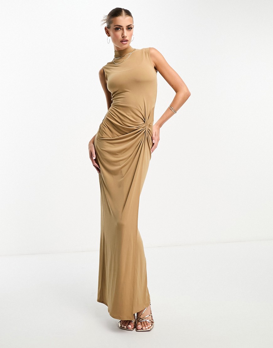 Flounce London High Neck Maxi Dress With Ruched Detail In Camel-brown