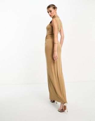 Flounce London - high neck maxi dress with ruched detail in olive green