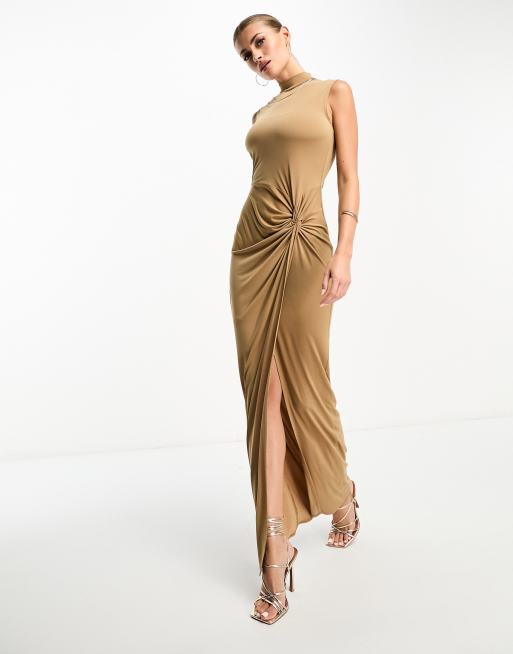 Flounce London - high neck maxi dress with ruched detail in olive green