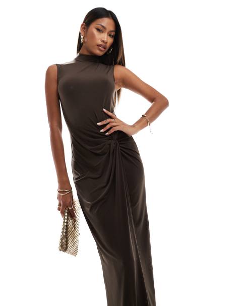 Flounce London high neck maxi dress with ruched detail in chocolate brown - view 1