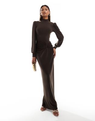 Flounce London Flounce London high neck maxi dress with ruched detail in chocolate brown