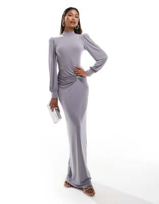 high neck maxi dress with ruched detail in gray