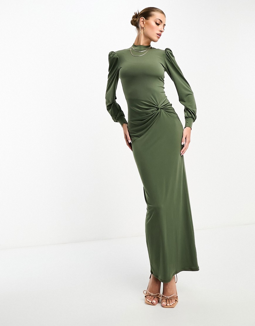 Flounce London High Neck Maxi Dress With Ruched Detail In Olive Green